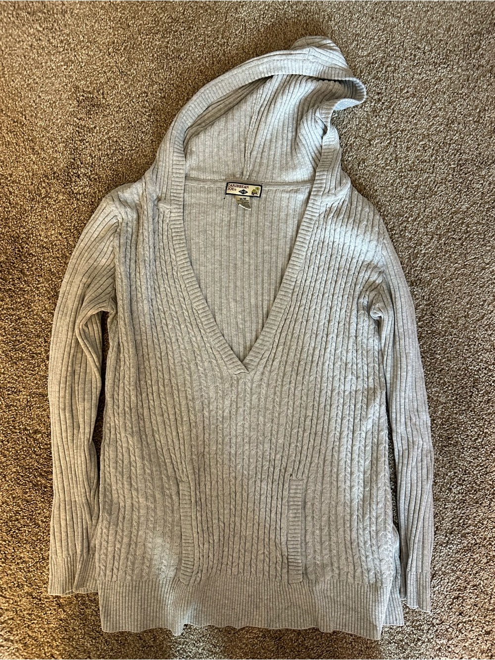 Caribbean Joe Light Gray Ribbed V-Neck Hoodie Sweater